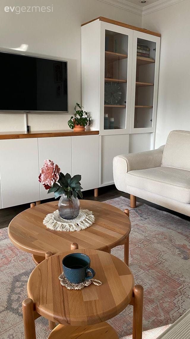 Beyaz, Bej, Ahşap Mobilya, Tv ünitesi, Tv ünitesi aksesuarları, Ev Aksesuar, Orta sehpa, Sehpa, Halı, Salon halısı, Koltuk takımı