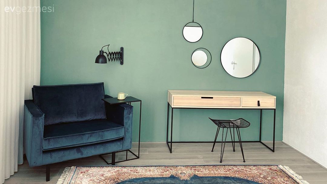 Oturma Odası, Yeşil, Mavi, Siyah, Beyaz, Yeşil duvar, Çalışma masası, Sandalye