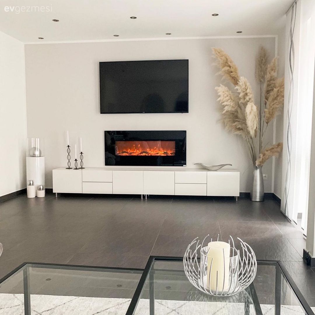 Tv ünitesi, Tv ünitesi aksesuarları, Ev Aksesuar, Beyaz, Siyah, Vazo, Pampas otu, Dekoratif Objeler