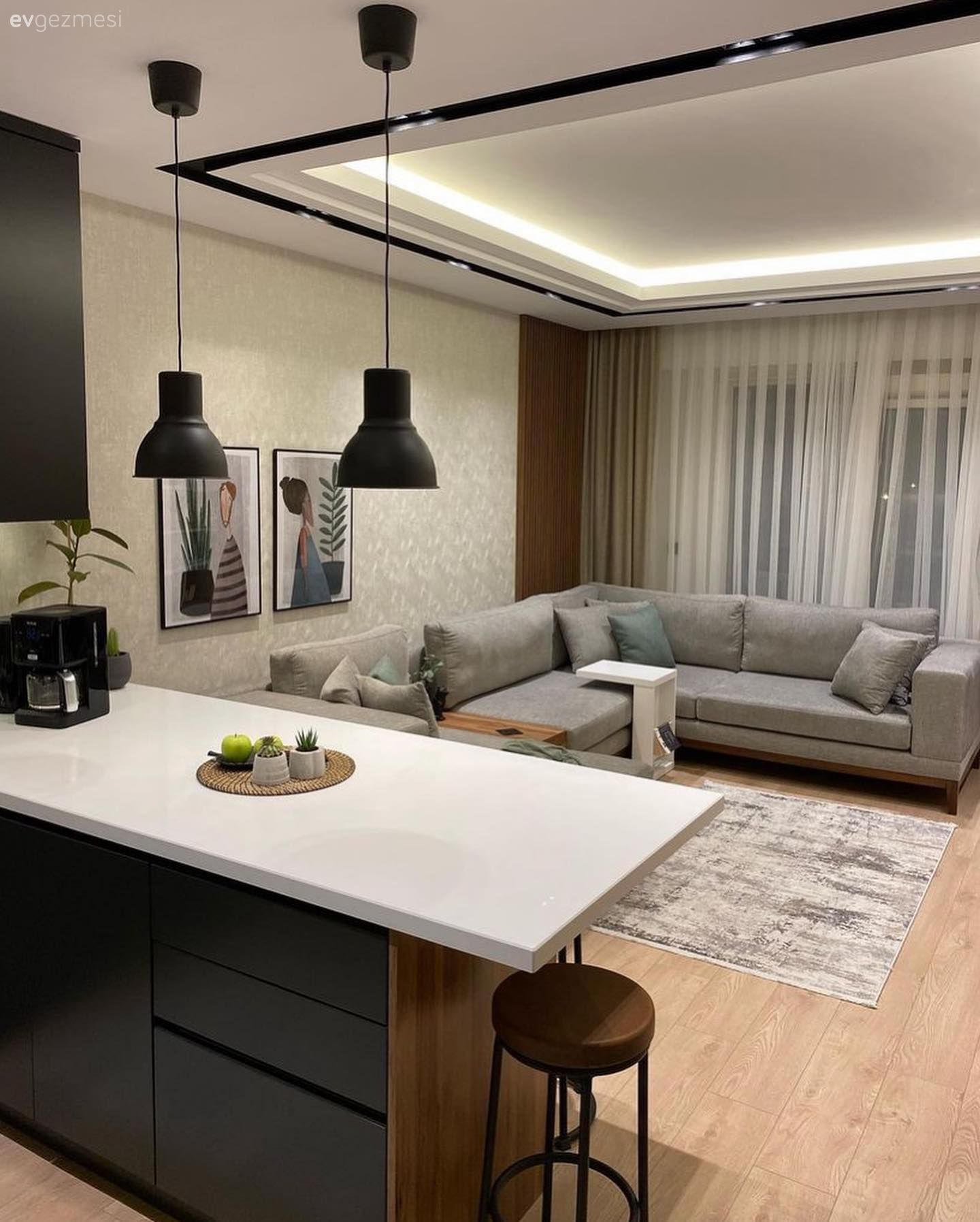 Mutfak, Amerikan Mutfak, Antrasit  , Kahverengi, Siyah, Gri, Köşe koltuk, Koltuk takımı, Halı, Tül perde, Perde, Led aydınlatma, Aydınlatma
