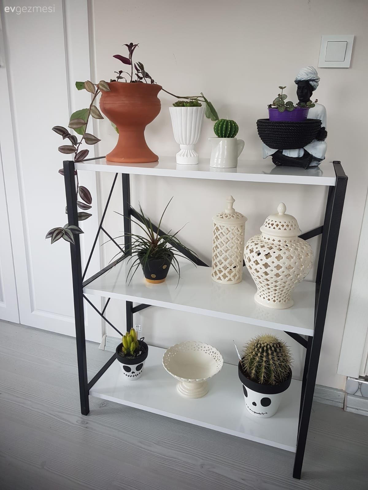 Açık raf, Beyaz, Siyah, Saksı, Dekoratif Objeler