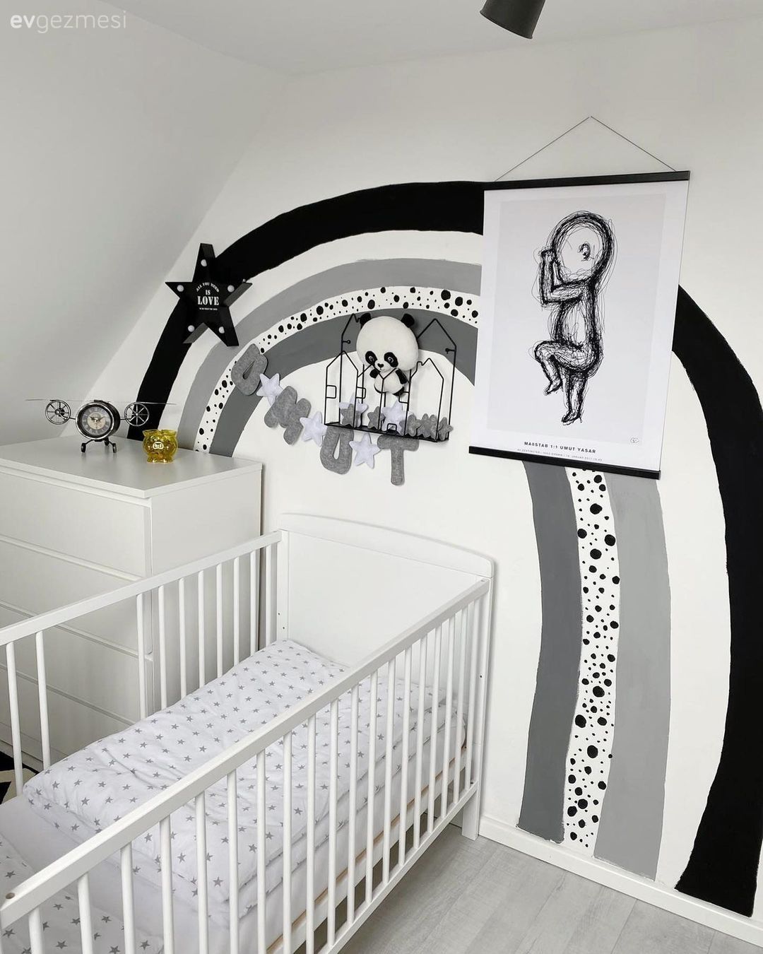 Çocuk Odası, Beyaz, Siyah, Gri, Çocuk odası duvar dekorasyonu, Beşik, Bebek odası