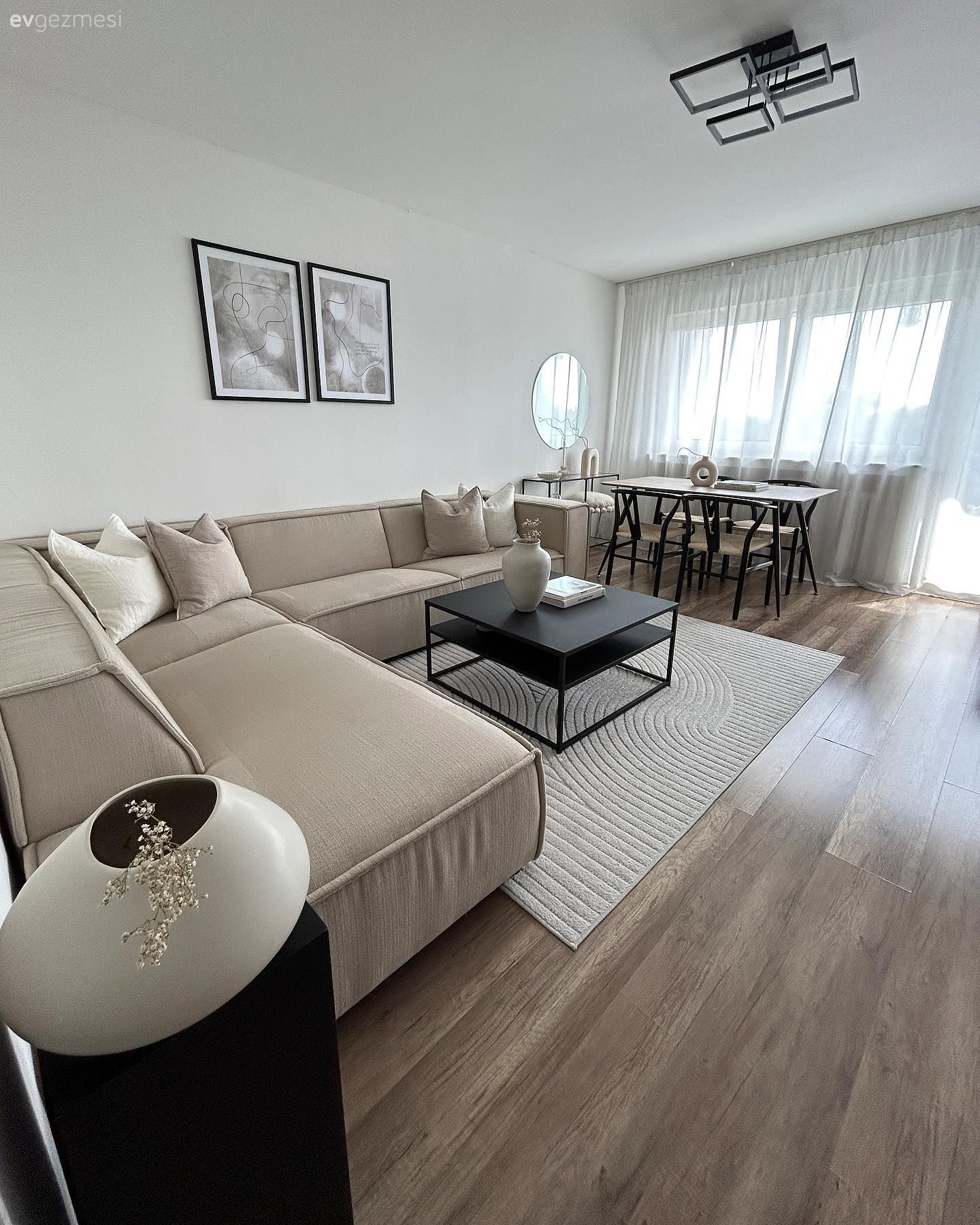 Salon, İskandinav, Modern, Köşe koltuk, Koltuk takımı, Bej, Krem, Siyah, Sandalye, Yemek masası, Tablo, Duvar dekorasyonu, Halı, Salon halısı, Kırlent, Ev tekstili, Tül perde, Perde