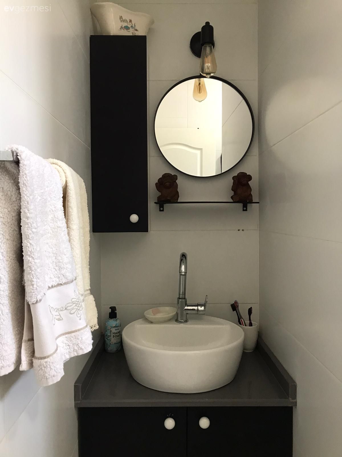 Banyo, Banyo dolabı, Modern, Siyah, Beyaz, Yuvarlak ayna, Dekoratif ayna, Banyo seramikleri