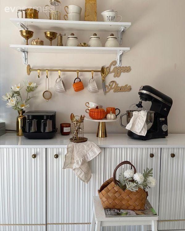 Kahve köşesi, Duvar rafı, Duvar dekorasyonu, Beyaz, Mutfak rafı, Mutfak, Mutfak aksesuarları, Dekoratif Objeler