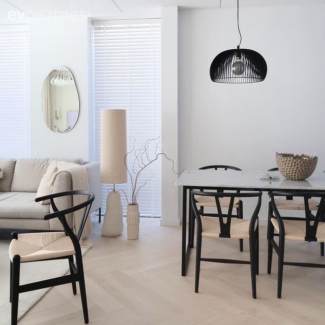 Salon, İskandinav, Bej, Krem, Siyah, Beyaz, Köşe koltuk, Koltuk takımı, Sandalye, Yemek masası, Avize, Aydınlatma, Parke, Halı, Salon halısı, Vazo, Ev Aksesuar, Yuvarlak ayna, Dekoratif ayna