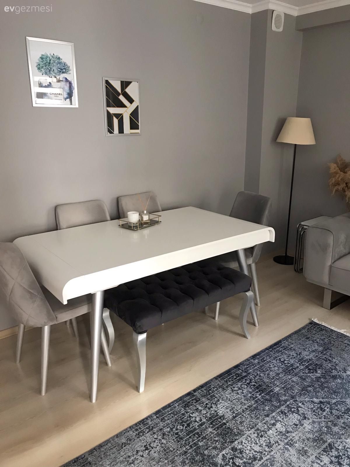 Modern, Yemek Odası, Gri duvar, Beyaz, Antrasit  , Bank, Sandalye, Yemek masası, Tablo, Duvar dekorasyonu, Lambader, Aydınlatma, Halı, Salon halısı