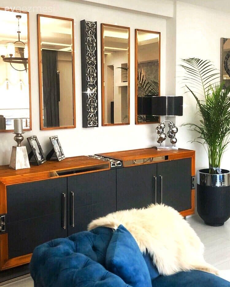 Ayna, Abajur, Aydınlatma, Ahşap Mobilya, Parlament mavisi, Beyaz, Saksı, Konsol, Konsol üzeri dekoratif objeleri