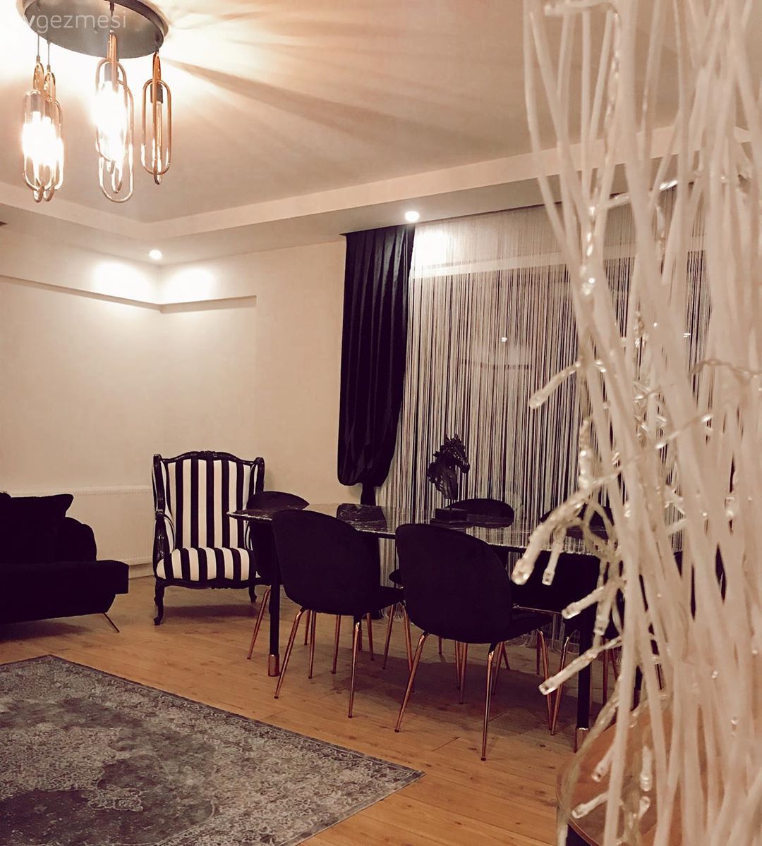 Salon, Siyah, Beyaz, Gri, Fon perde, Perde, Tül perde, Yemek masası, Sandalye, Çizgili desen, Desenler, Siyah- Beyaz, Berjer, Avize, Aydınlatma, Salon avizesi, Halı, Salon halısı, Koltuk takımı