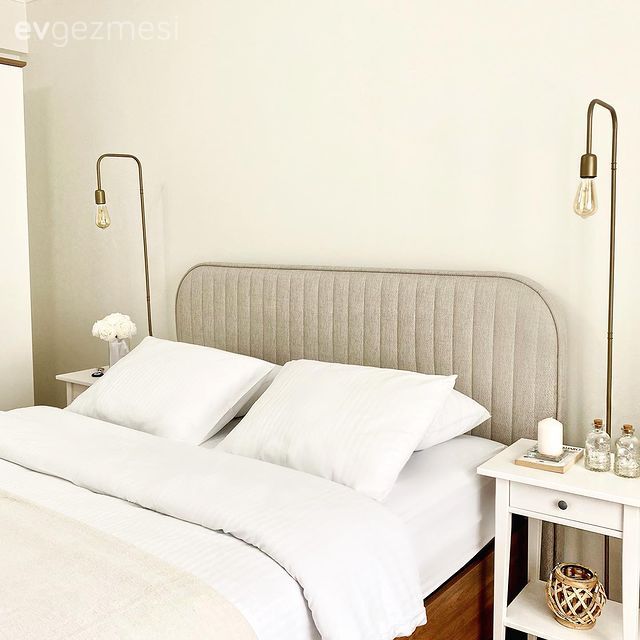 Yatak Odası, Modern, Yatak başlığı, Komodin, Lambader, Aydınlatma, Beyaz