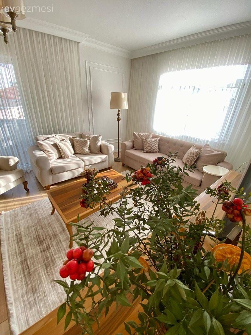 Salon, Country, Beyaz, Bej, Koltuk takımı, Tül perde, Perde, Kırlent, Ev tekstili, Berjer, Fon perde, Orta sehpa, Sehpa, Halı, Salon halısı, Ev bitkisi, Dekoratif Objeler