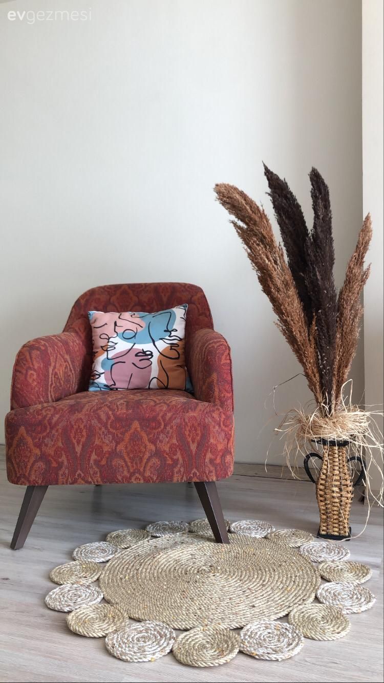 Berjer, Yanık turuncu, Kırmızı, Jüt halı, Halı, Vazo, Ev Aksesuar, Pampas otu, Kırlent, Ev tekstili