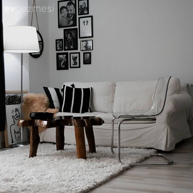 Salon, İskandinav, Beyaz, Siyah, Koltuk takımı, Orta sehpa, Sehpa, Masif ahşap, Çerçeve, Duvar dekorasyonu, Lambader, Aydınlatma, Kırlent, Ev tekstili, Siyah- Beyaz, Halı, Salon halısı