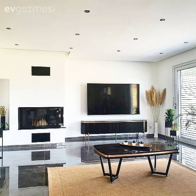 Salon, Siyah, Beyaz, Jüt halı, Halı, Tv ünitesi, Tv ünitesi aksesuarları, Ev Aksesuar, Orta sehpa, Sehpa, Vazo, Pampas otu