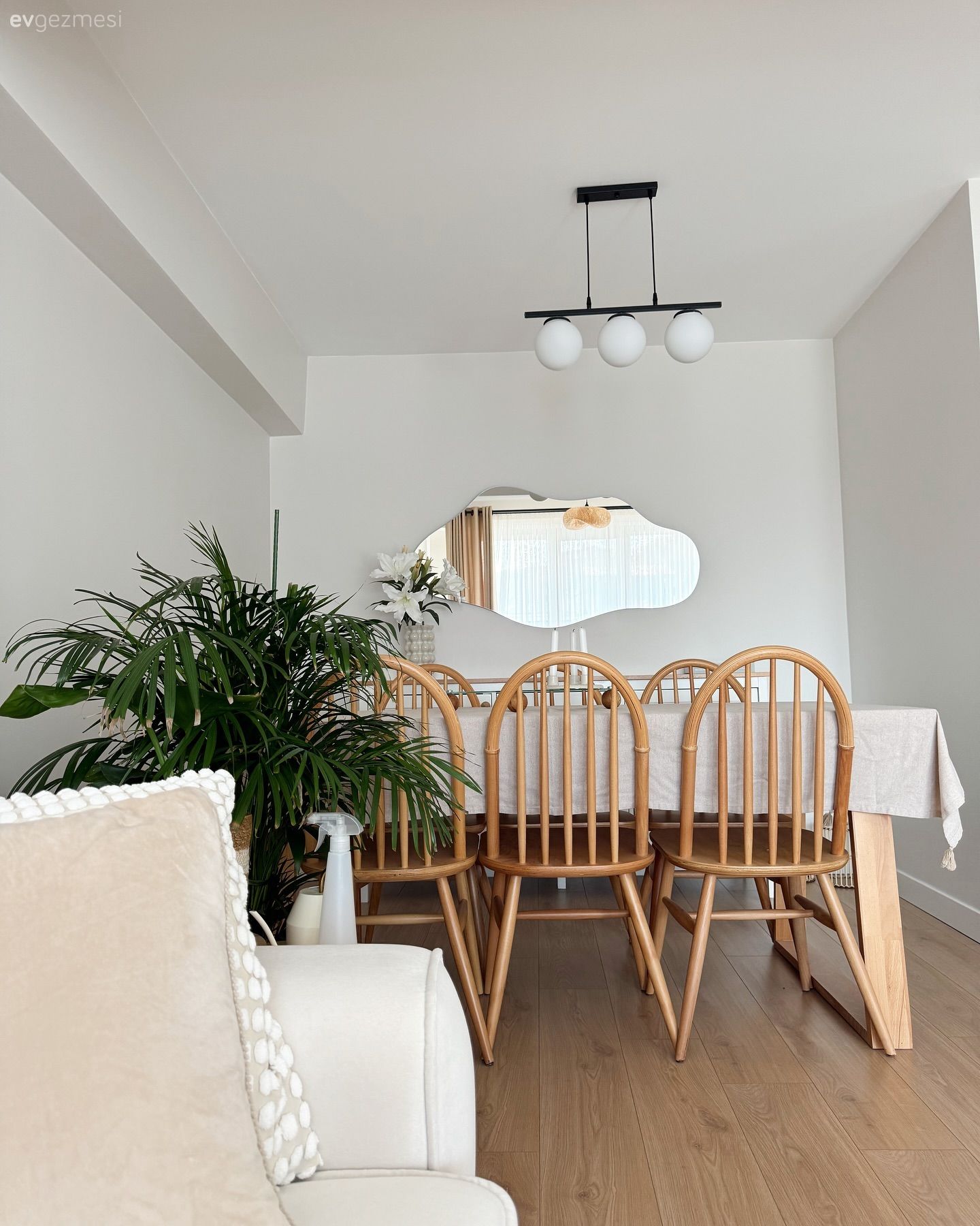 Salon, İskandinav, Bohem Dekorasyon, Salon avizesi, Ev bitkisi, Sandalye, Yemek masası, Ayna