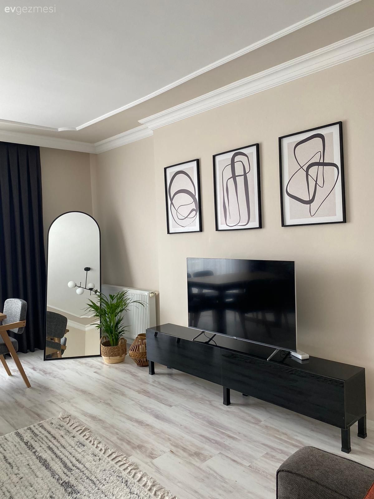 Siyah, Krem duvar, Tablo, Duvar dekorasyonu, Boy aynası, Ayna, Tül perde, Perde, Fon perde, Saksı, Dekoratif Objeler