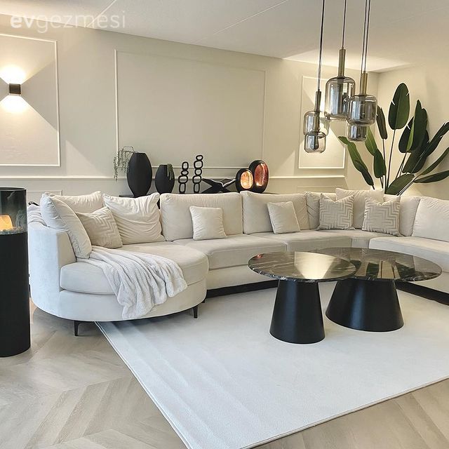 Salon, Modern, Krem, Bej, Siyah, Köşe koltuk, Koltuk takımı, Orta sehpa, Sehpa, Avize, Aydınlatma, Salon avizesi, Aplik, Duvar çıtalama, Saksı, Dekoratif Objeler, Tavan dekorasyon, Halı, Salon halısı