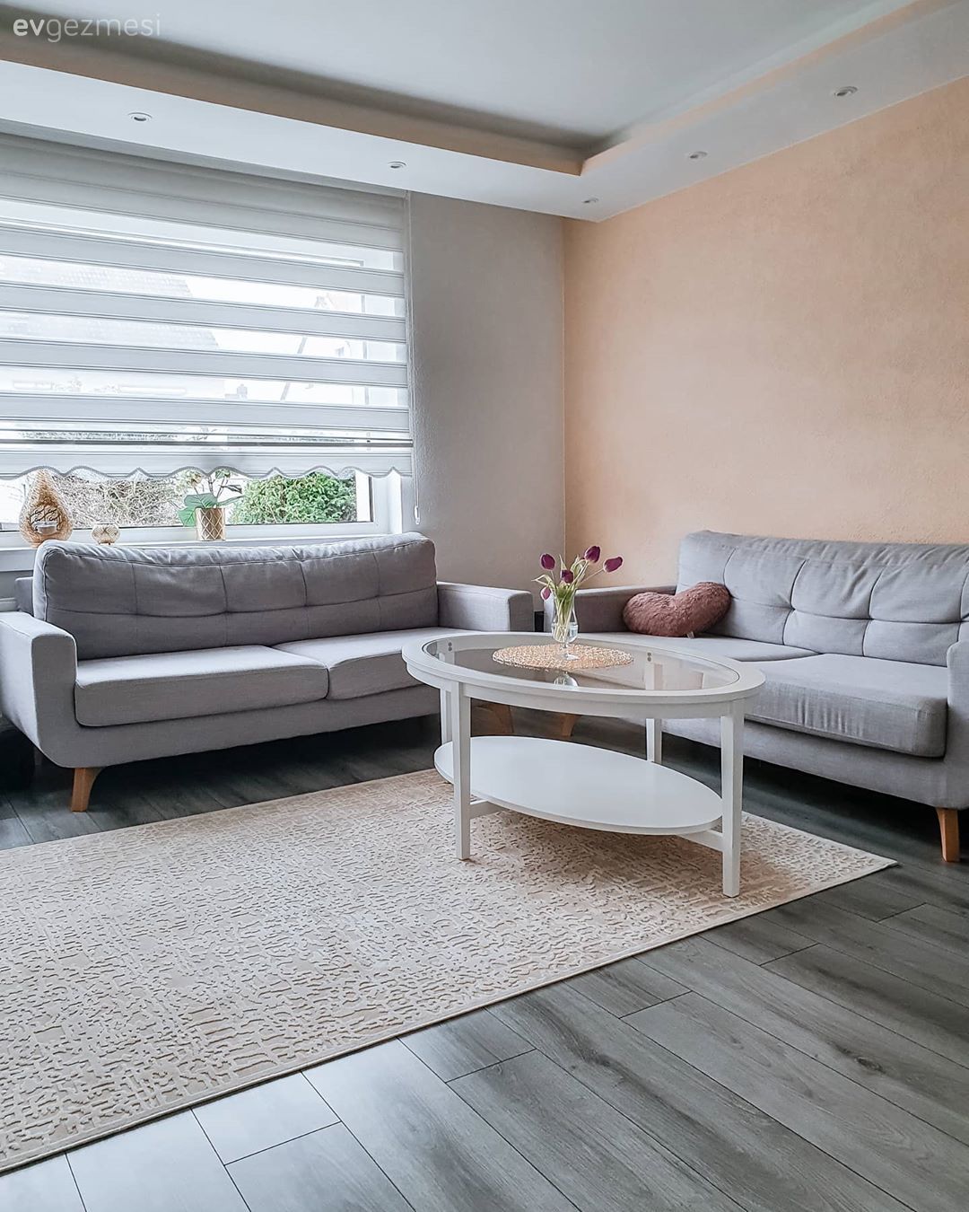 Salon, Modern, Gri, Bej, Beyaz, Krem, Yavruağzı, Koltuk takımı, Orta sehpa, Sehpa, Halı, Salon halısı, Zebra Perde, Perde, Kırlent, Ev tekstili