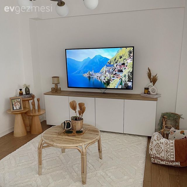 Salon, Bohem Dekorasyon, İskandinav, Beyaz, Hasır, Orta sehpa, Sehpa, Yan sehpa, Halı, Avize, Aydınlatma, Salon halısı