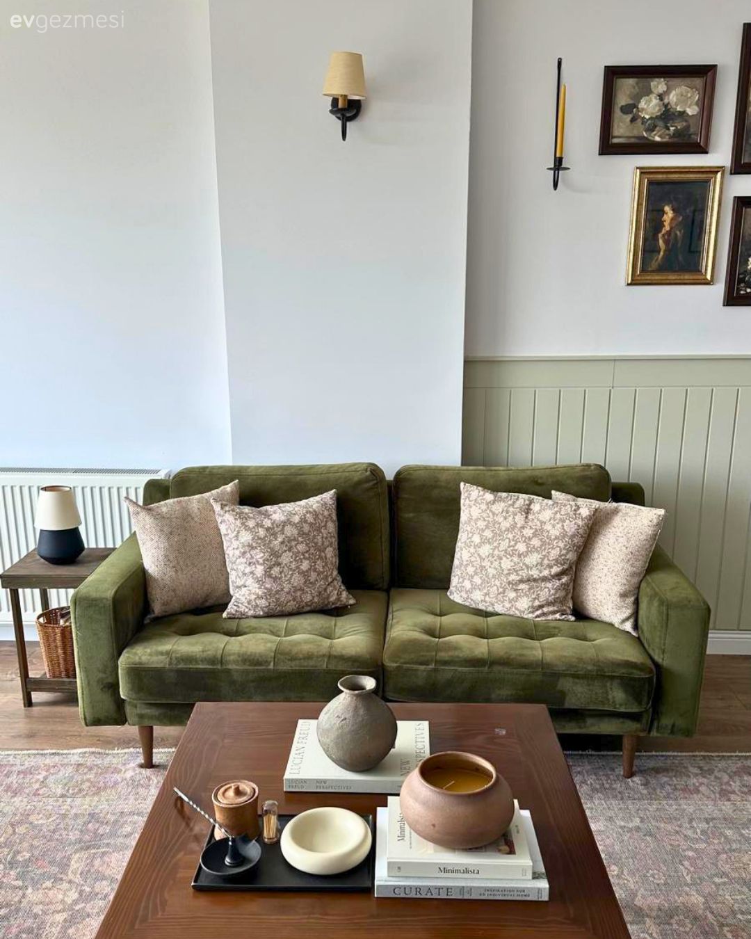 Salon, Bohem Dekorasyon, Modern, Yeşil, Krem, Bej, Koltuk takımı, Kırlent, Ev tekstili, Çerçeve, Aplik, Aydınlatma, Vintage, Yan sehpa, Sehpa, Halı, Orta sehpa, Dekoratif Objeler