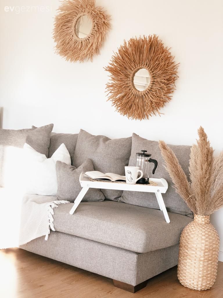 Gri koltuk, Beyaz, Gri, Vazo, Ev Aksesuar, Pampas otu, Duvar dekorasyonu, Bohem Dekorasyon
