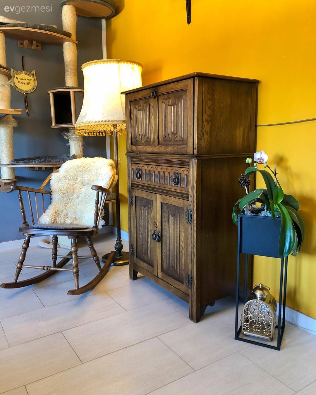 Salon, Rustik, Sarı, Gri duvar, Çiçeklik, Sandalye, Lambader, Aydınlatma, Duvar rafı, Duvar dekorasyonu