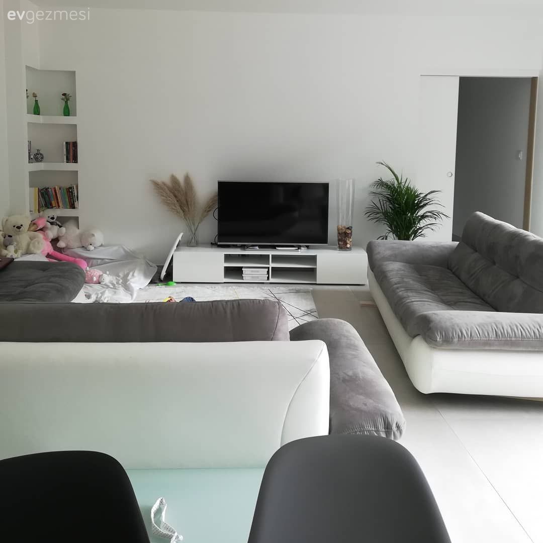 Salon, Modern, Beyaz, Gri, Siyah, Koltuk takımı, Tv ünitesi, Gri koltuk, Ev bitkisi, Dekoratif Objeler