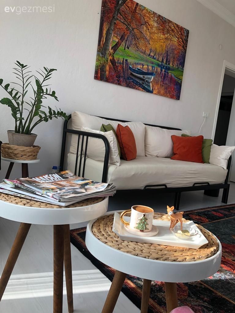 Salon, Eklektik, Beyaz, Turuncu, Mavi, Siyah, Tablo, Duvar dekorasyonu, Halı, Salon halısı, Koltuk takımı, Ev bitkisi, Berjer, Avize, Aydınlatma, Salon avizesi