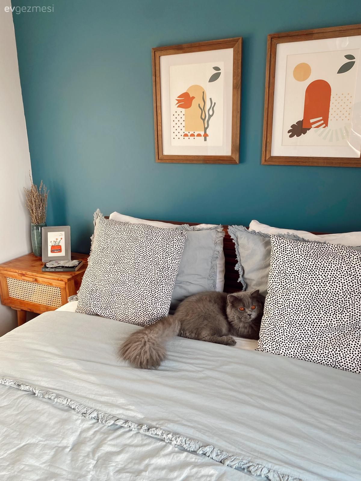 Yatak Odası, Mavi duvar, Komodin, Yatak örtüsü, Bohem Dekorasyon, Çerçeve