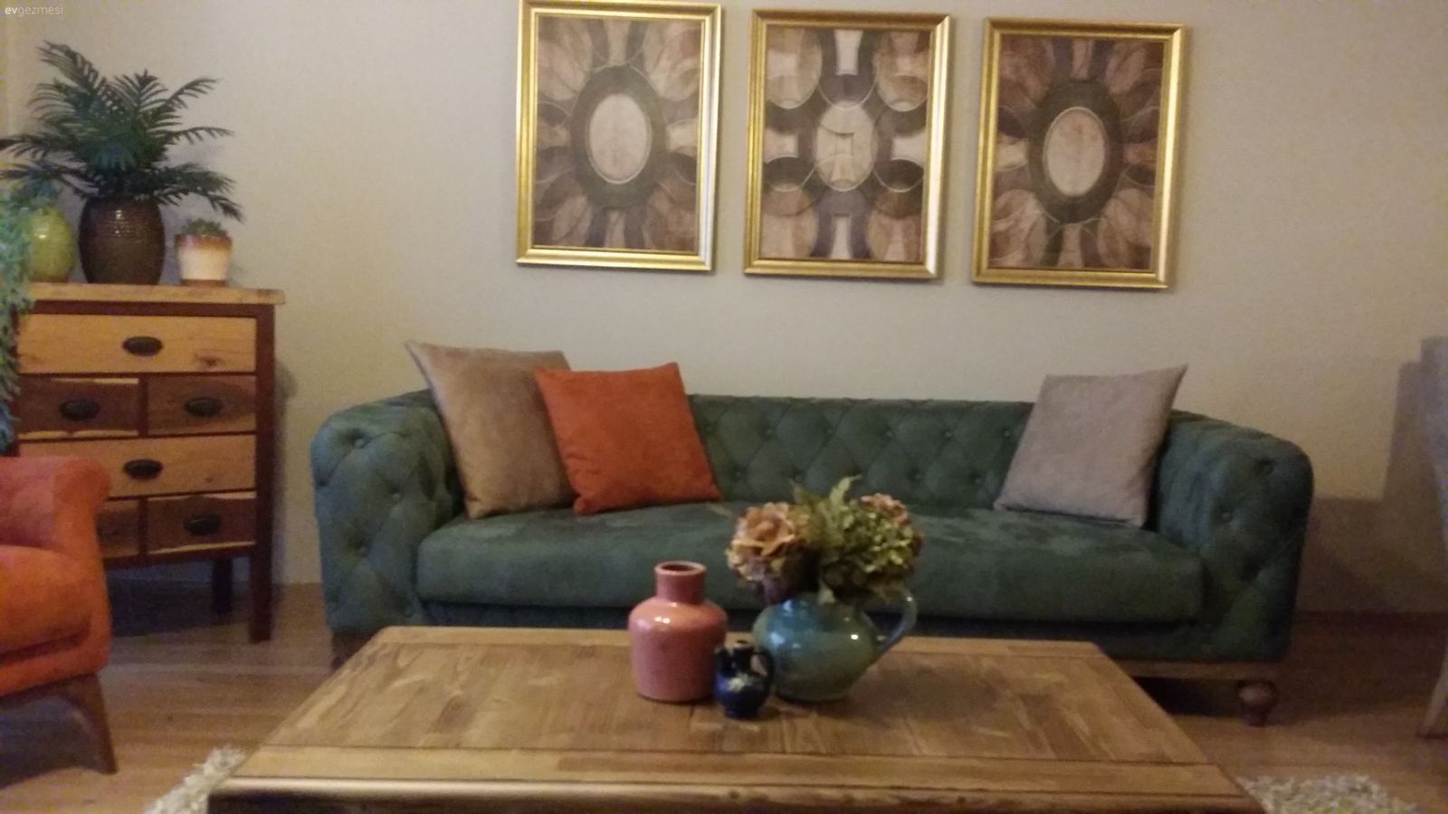 Salon, Yeşil, Turuncu, Modern chesterfield, Tablo