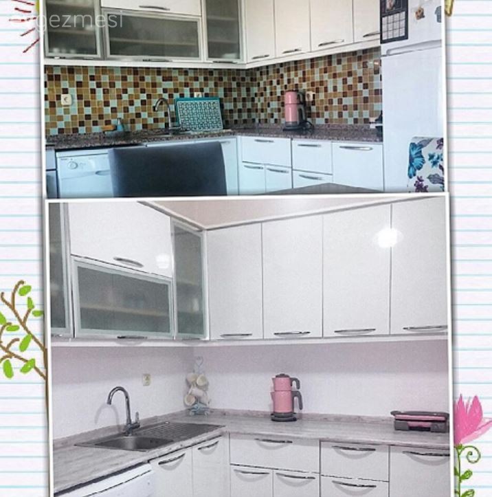 Özlem hanımın folyoyla kaplanarak havası değişen fayans ve tezgahı..