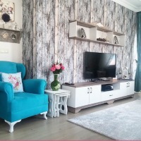 Özlem Hanım'ın mavi, gri ve morlarla renklenmiş enerjik evi